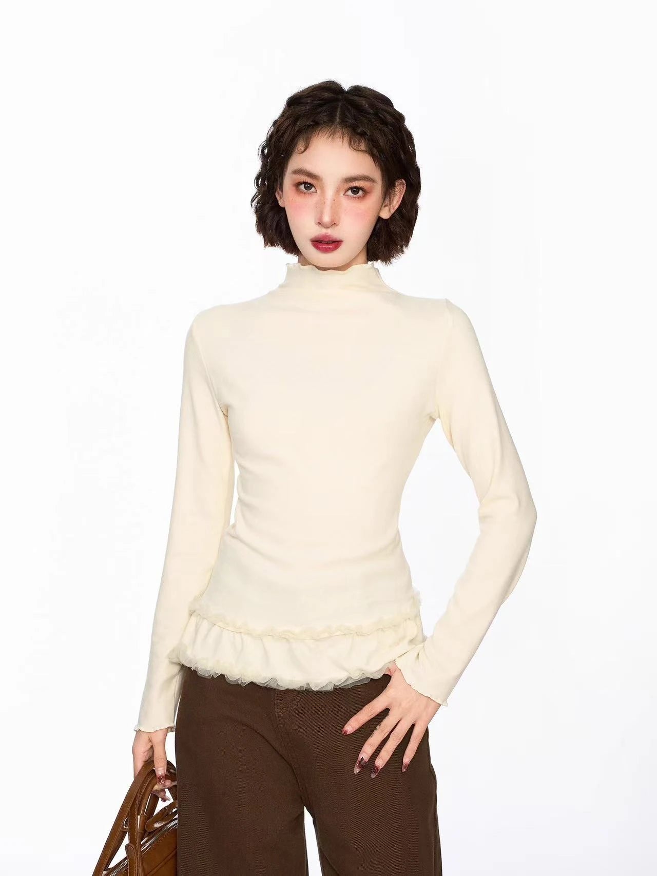 Lace Mock Neck Slim Long Sleeve Top   OL2061