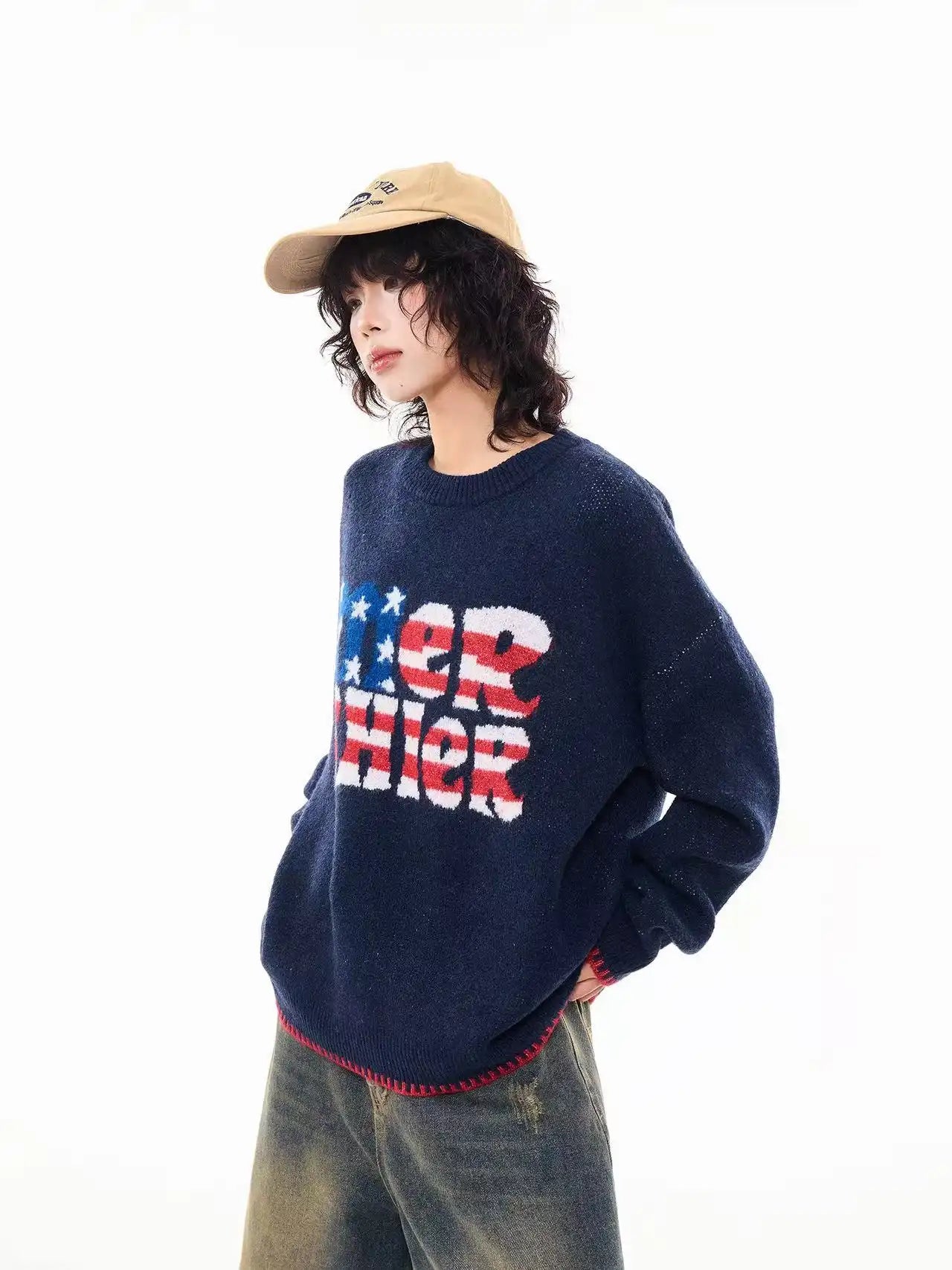 Vintage Letter Knit Relaxed Sweater   OL2062