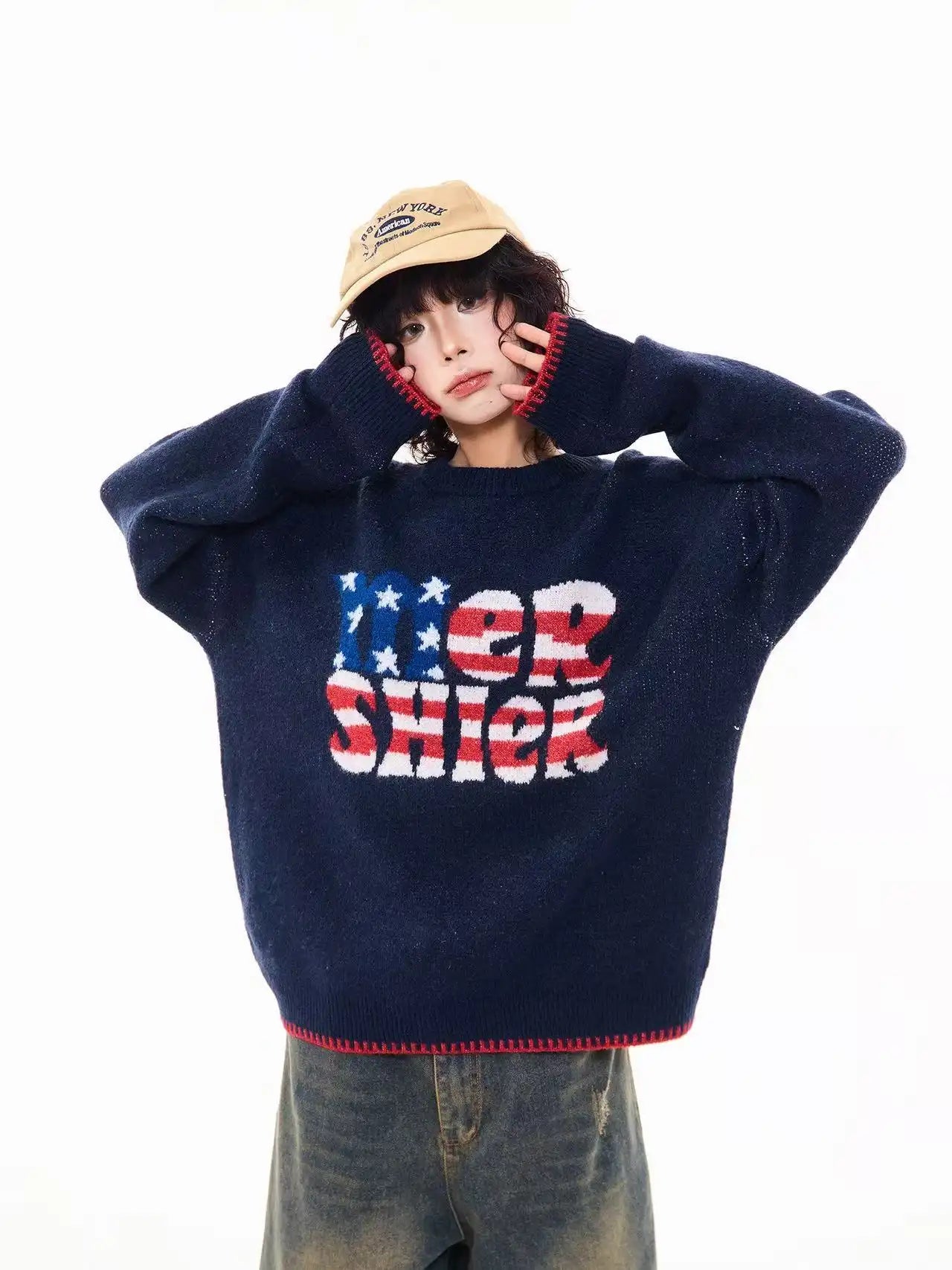 Vintage Letter Knit Relaxed Sweater   OL2062