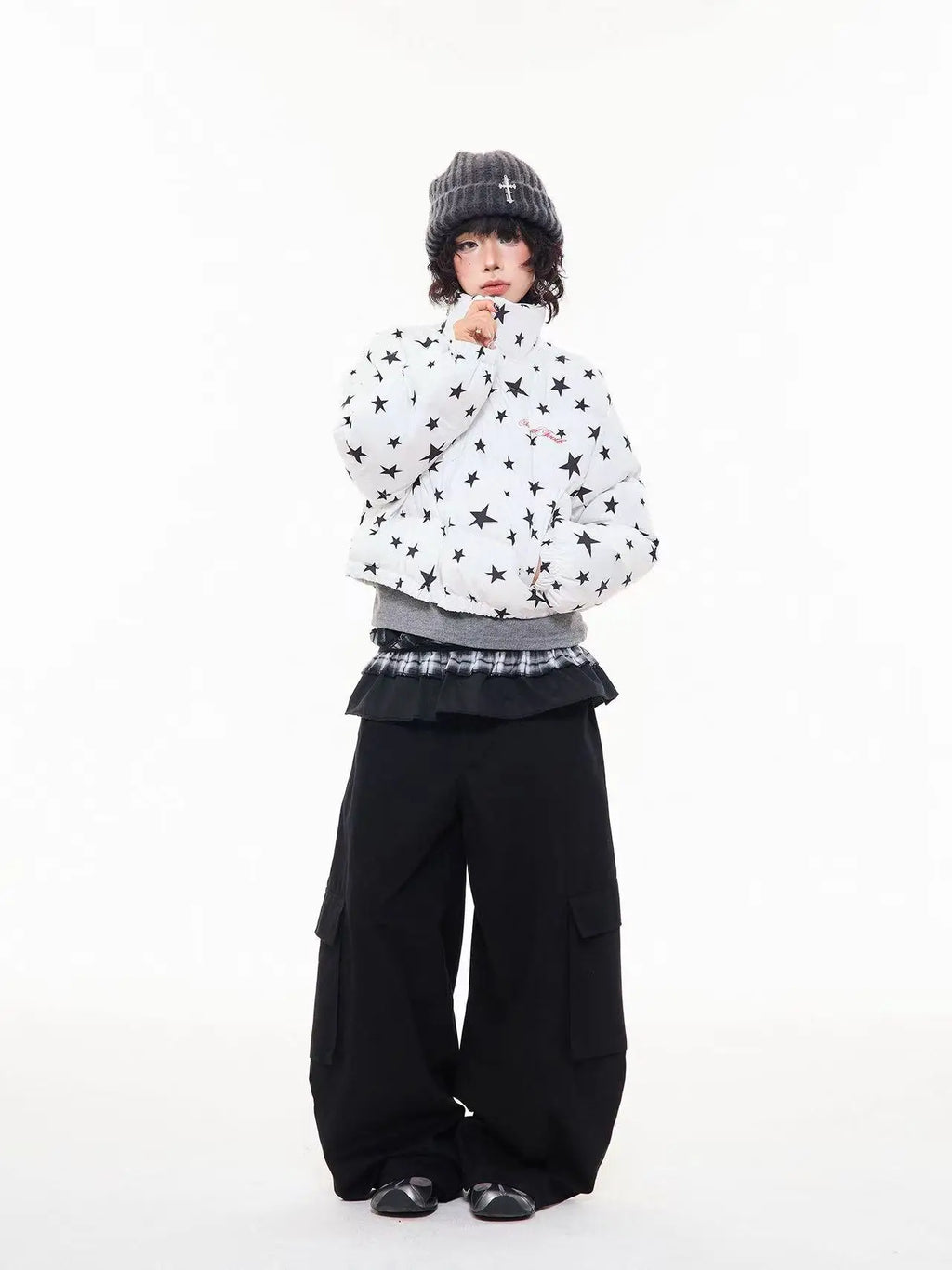 All Over Star Print Stand Collar Padded Jacket   OL2063