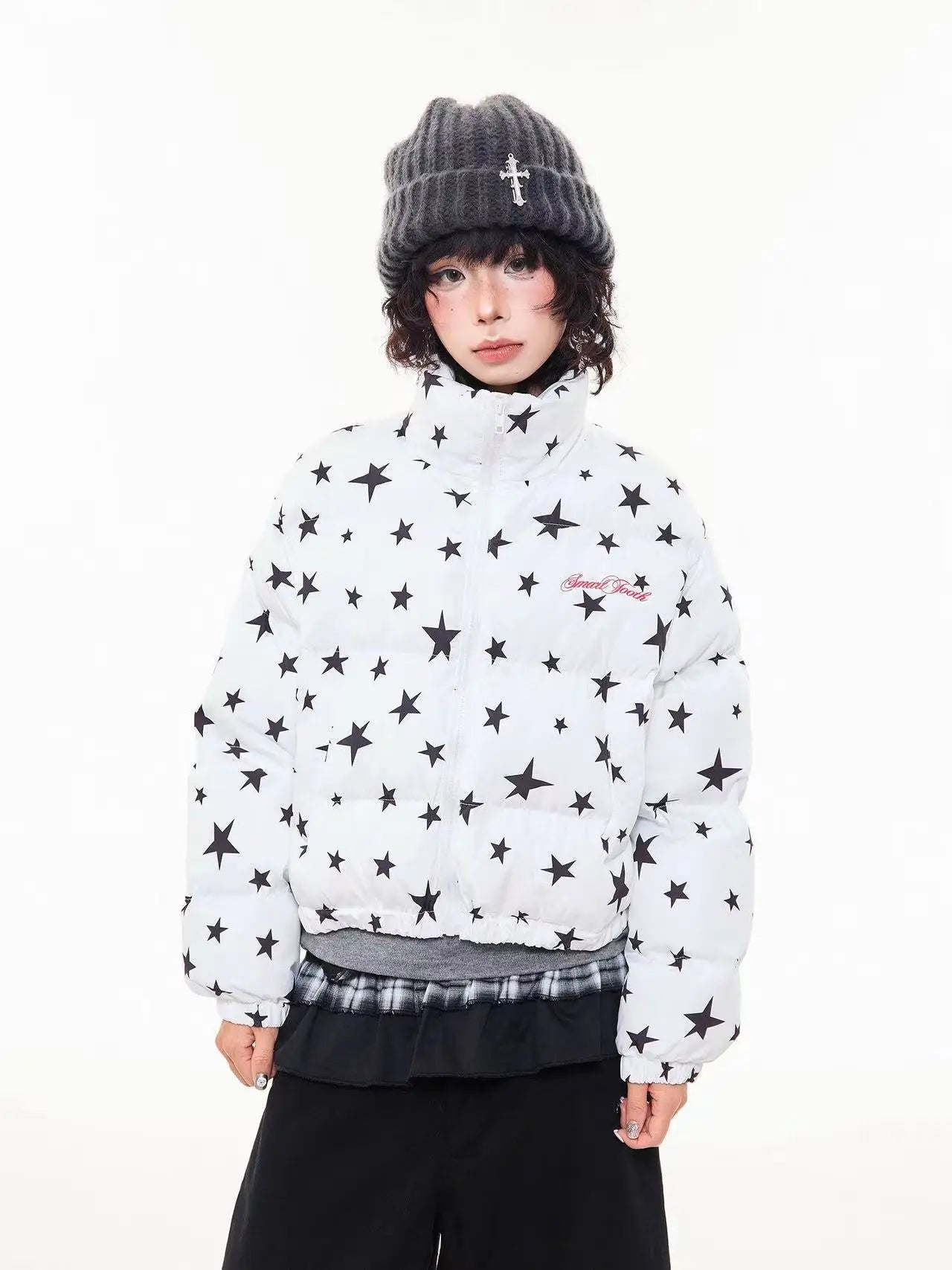 All Over Star Print Stand Collar Padded Jacket   OL2063