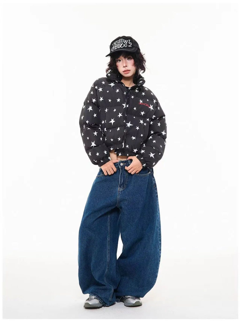 All Over Star Print Stand Collar Padded Jacket   OL2063