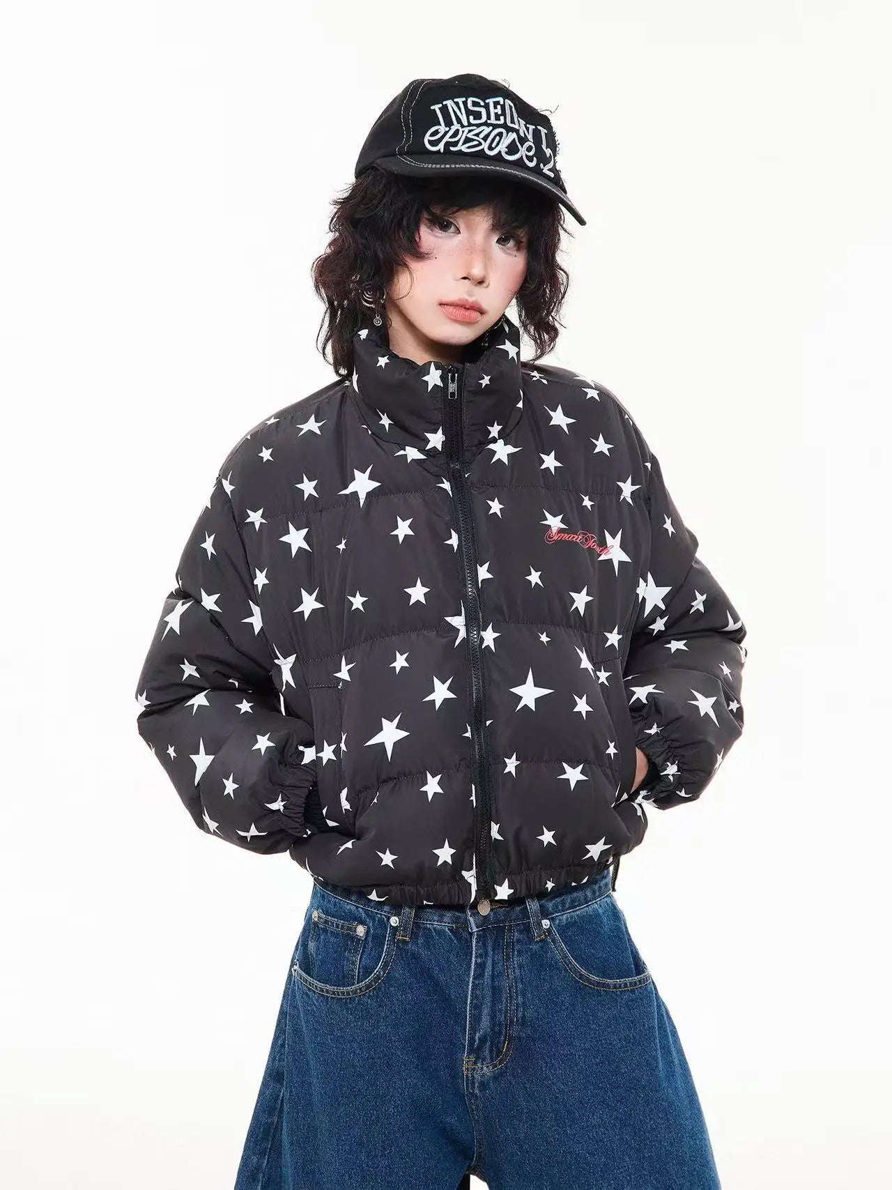 All Over Star Print Stand Collar Padded Jacket   OL2063