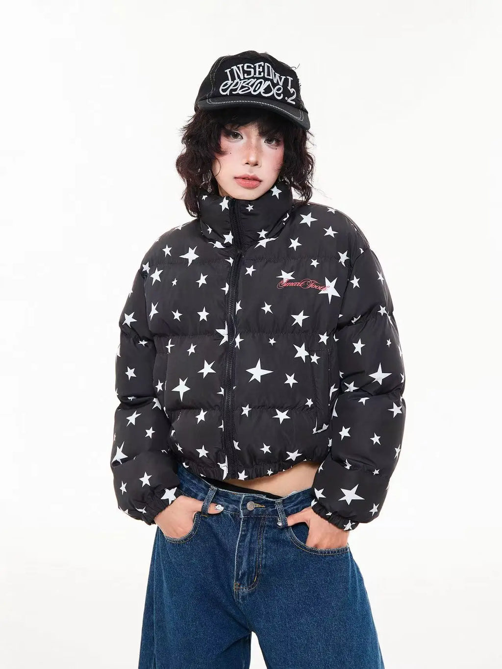 All Over Star Print Stand Collar Padded Jacket   OL2063