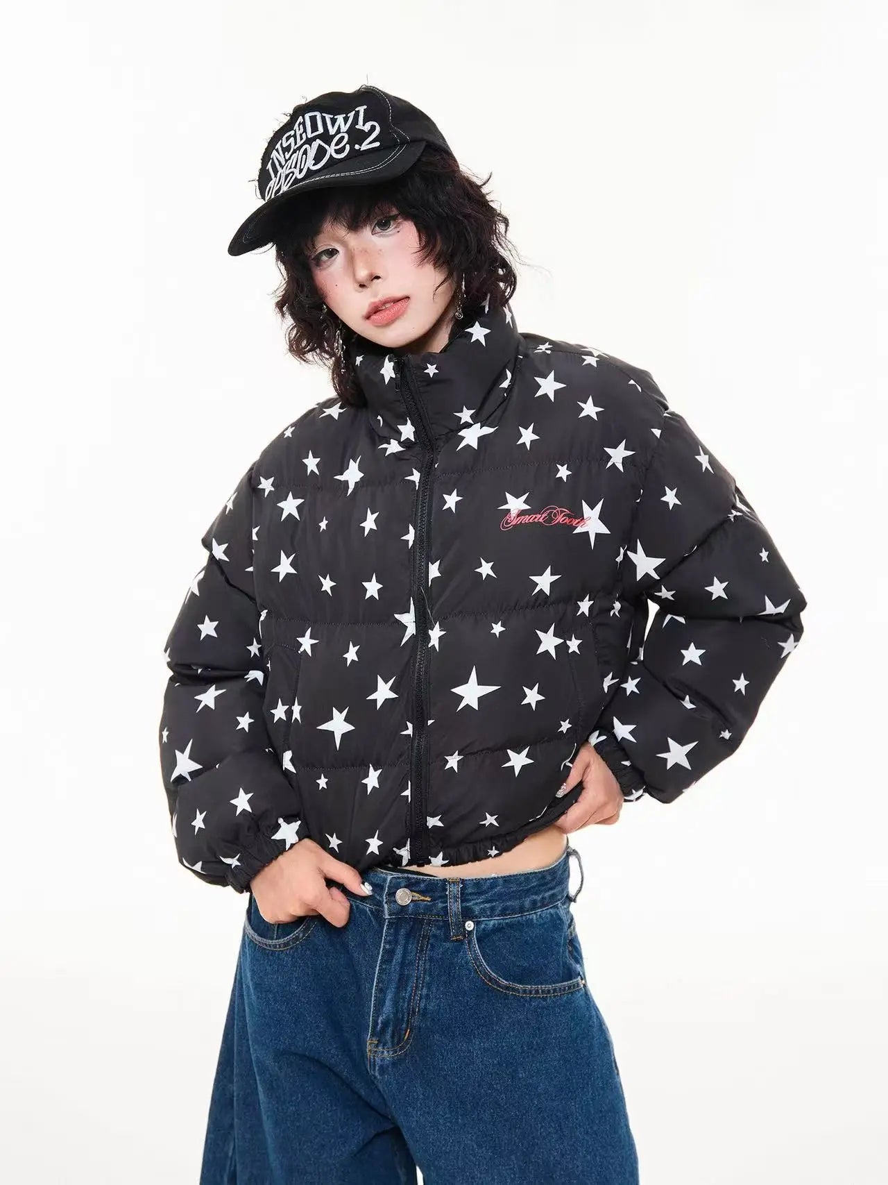 All Over Star Print Stand Collar Padded Jacket   OL2063