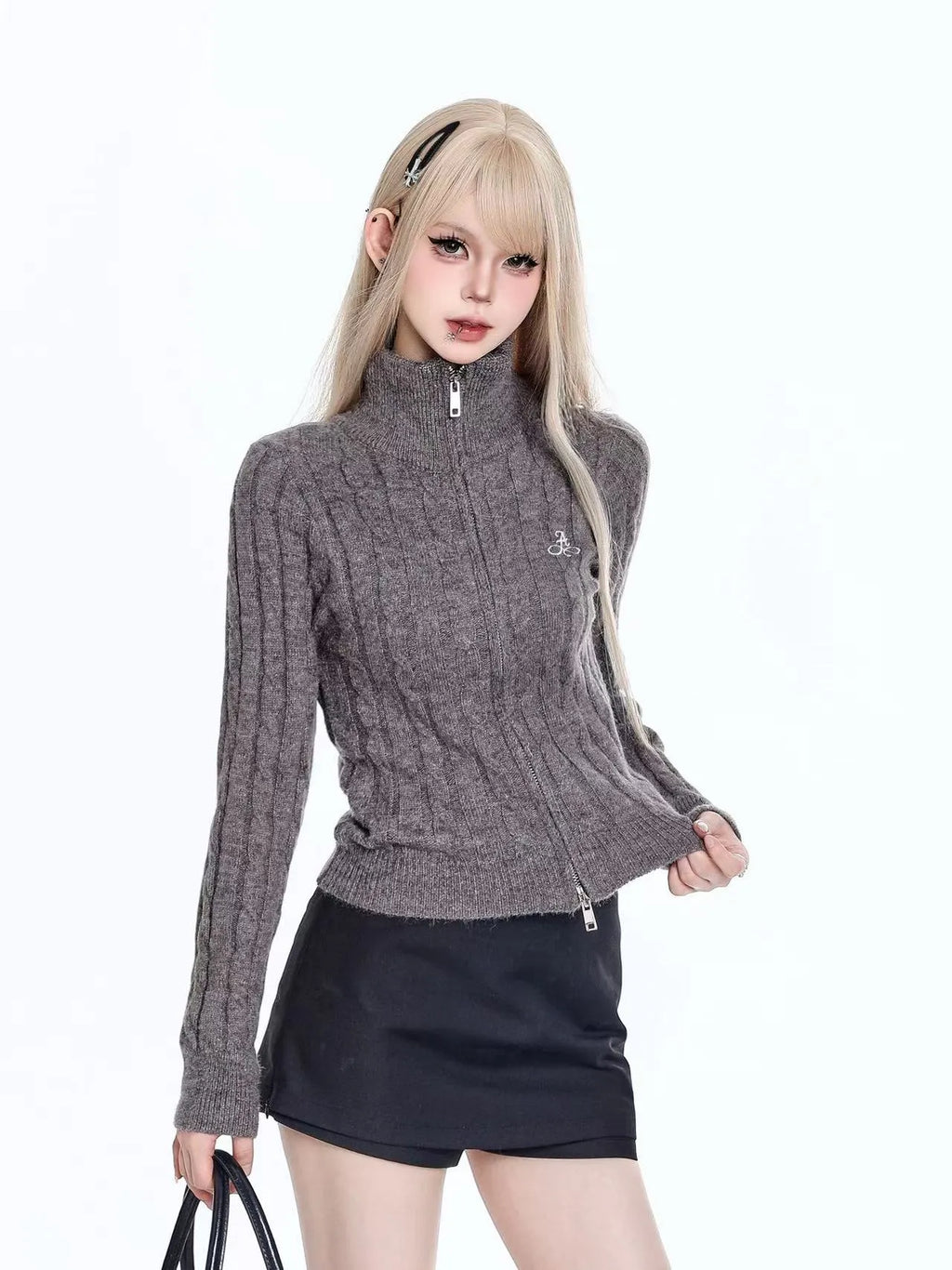 Cable High Neck Cropped Cardigan  oliviroa オリヴィオラ