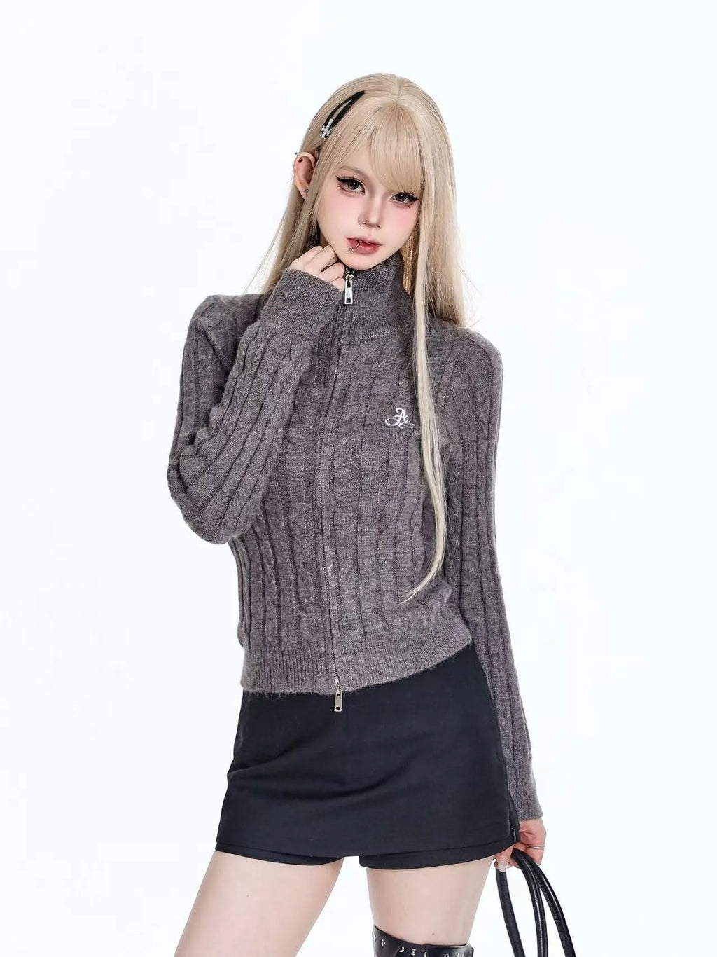 Cable Knit High Neck Cropped Cardigan oliviroa オリヴィオラ