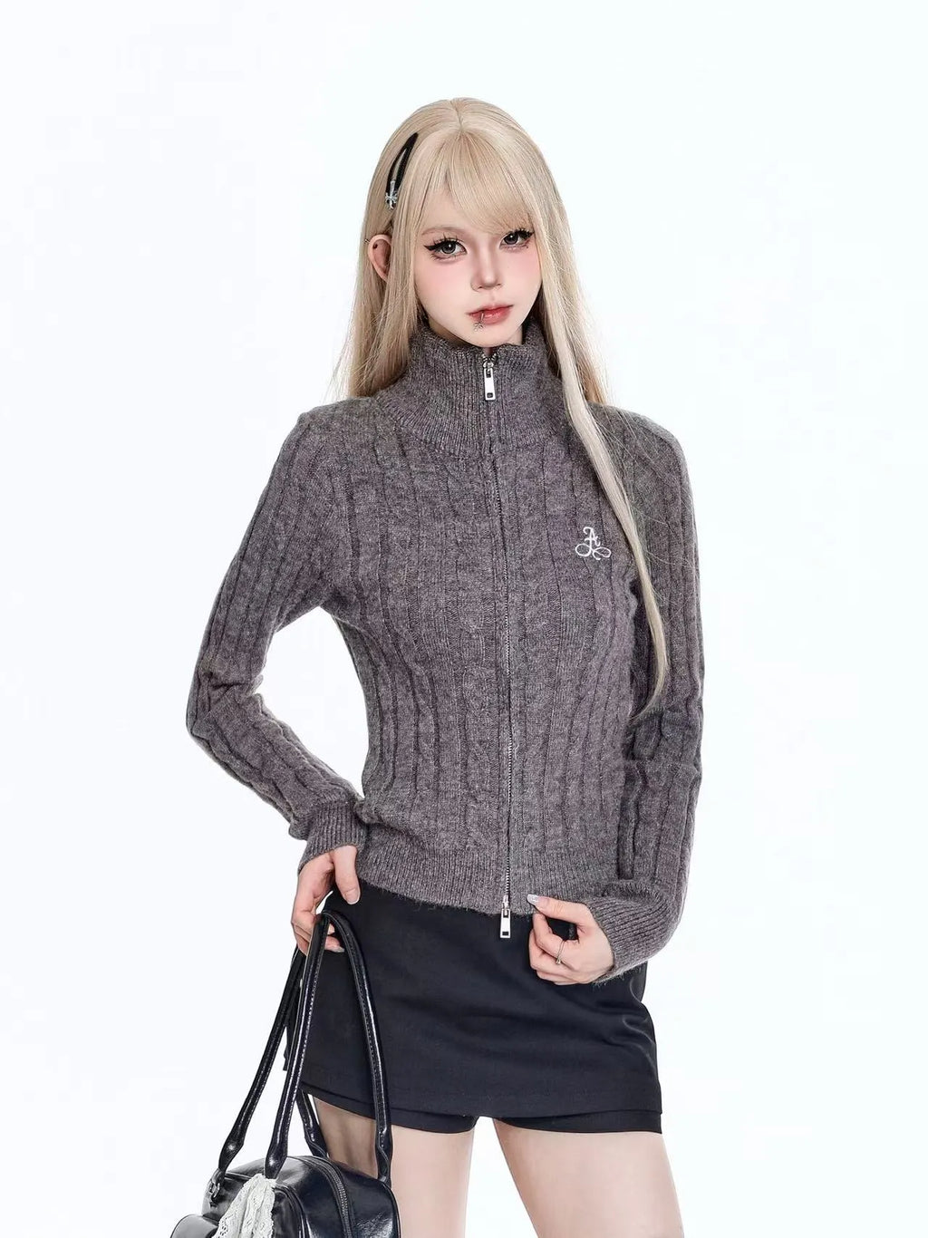 Cable High Neck Cropped Cardigan  OL2064