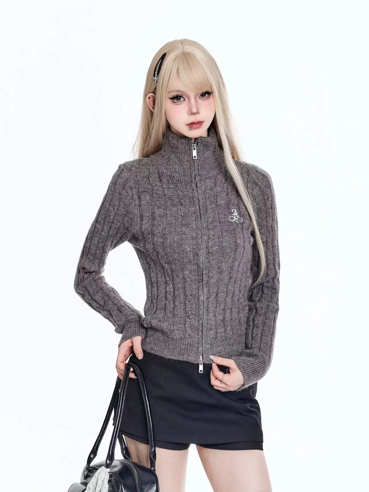 Cable High Neck Cropped Cardigan  OL2064