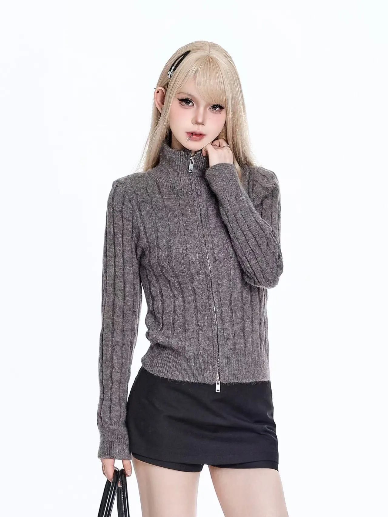 Cable High Neck Cropped Cardigan  OL2064