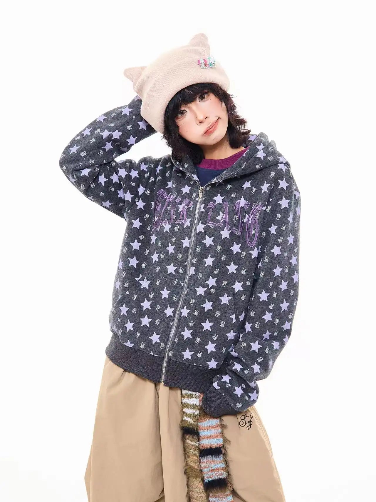 All Over Star Print Hoodie Jacket  OL2065