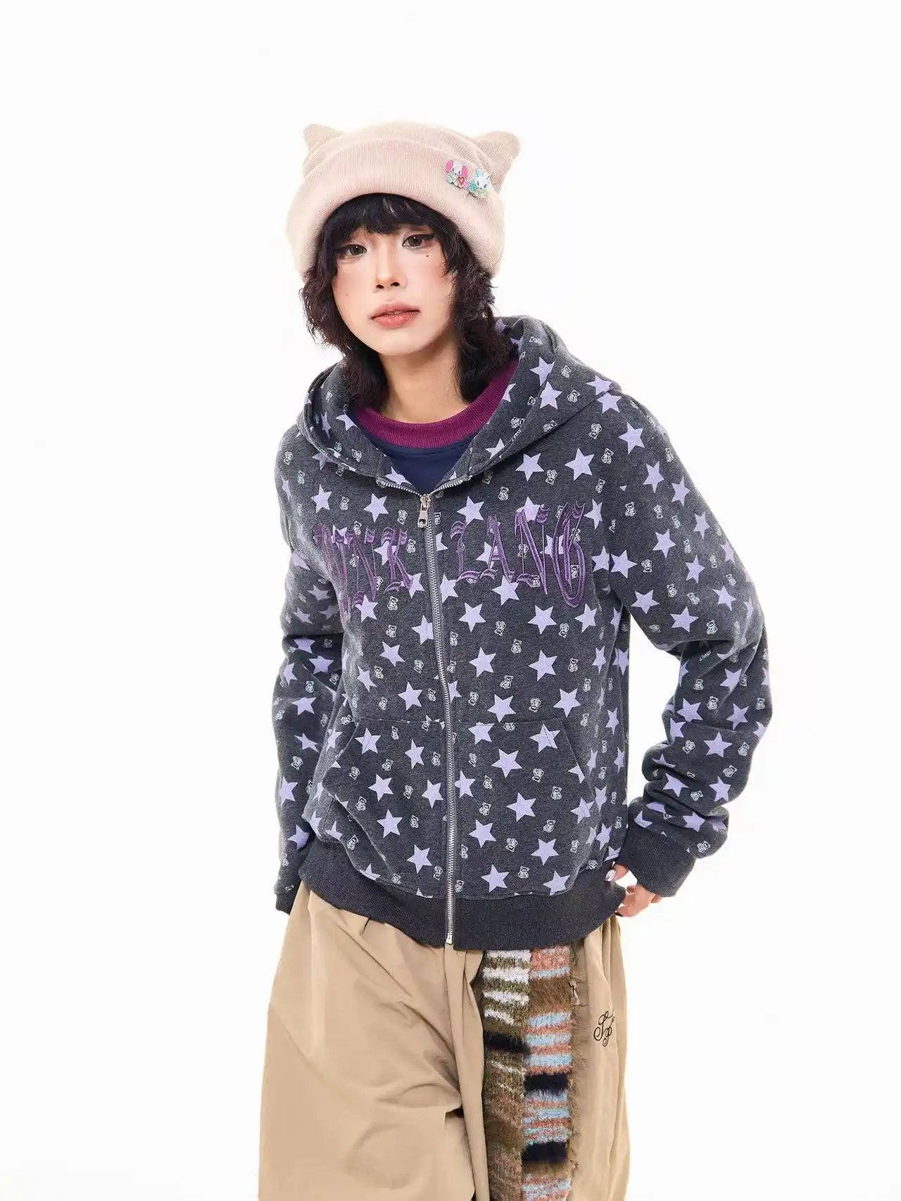 All Over Star Print Hoodie Jacket  OL2065