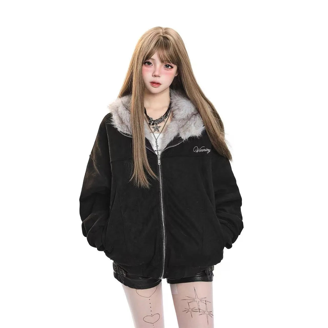 Faux Fur Collar Removable Bunny Ear Hooded Padded Jacket  OL2067