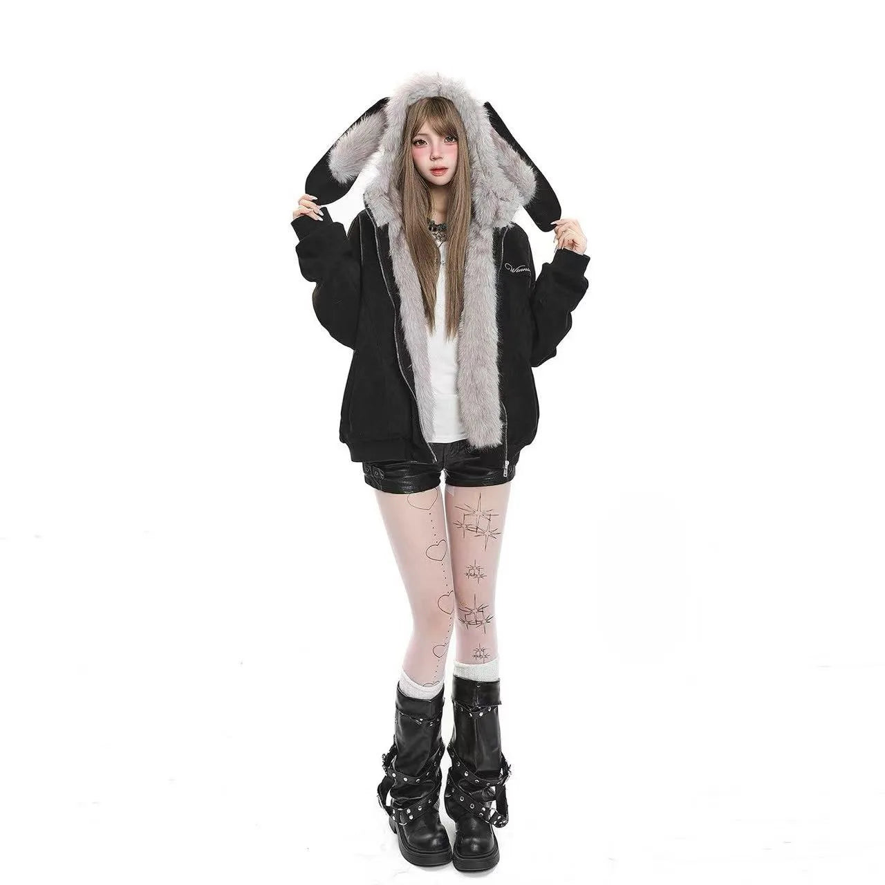 Faux Fur Collar Removable Bunny Ear Hooded Padded Jacket  OL2067