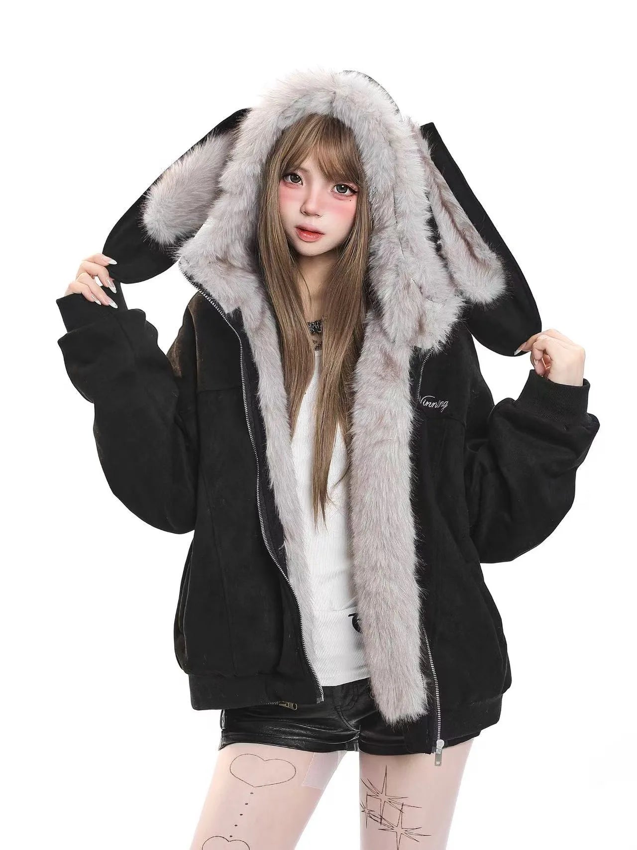 Faux Fur Collar Removable Bunny Ear Hooded Padded Jacket  OL2067
