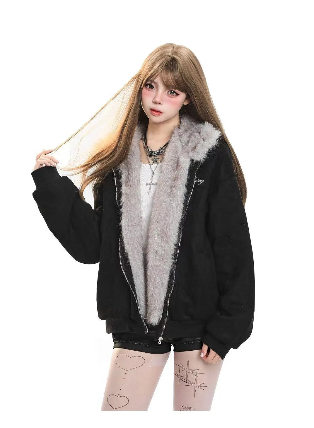 Faux Fur Collar Removable Bunny Ear Hooded Padded Jacket  OL2067