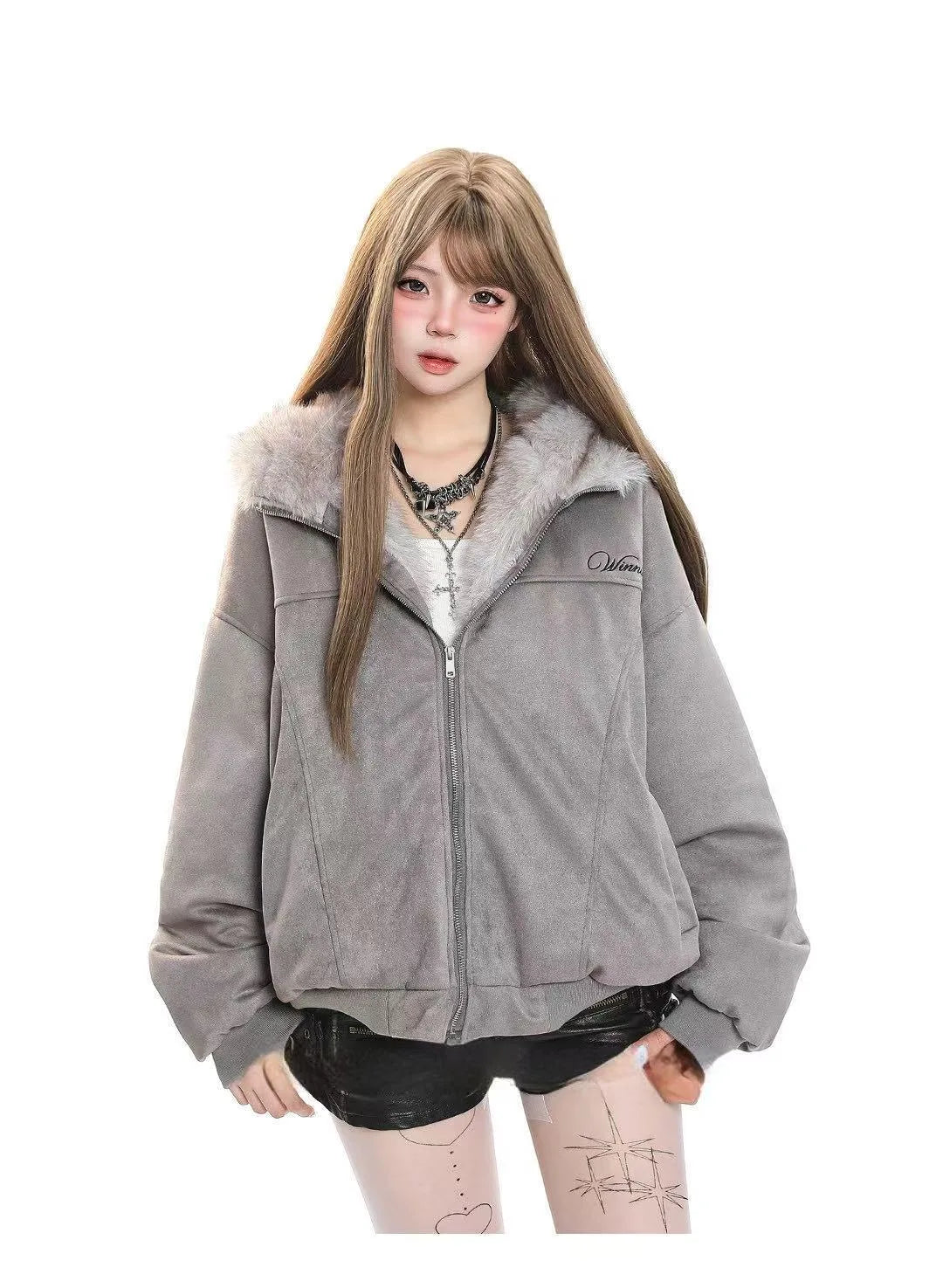 Faux Fur Collar Removable Bunny Ear Hooded Padded Jacket  OL2067
