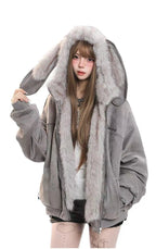Faux Fur Collar Bunny Ear Hooded Padded Jacket  oliviroa オリヴィオラ