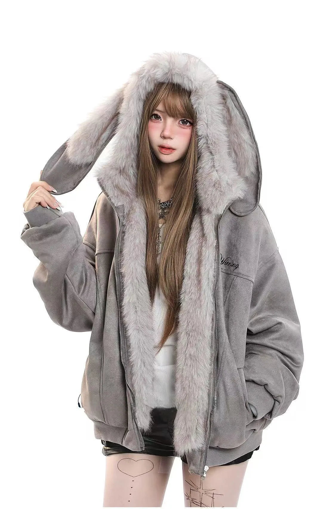 Faux Fur Collar Bunny Ear Hooded Padded Jacket  oliviroa オリヴィオラ