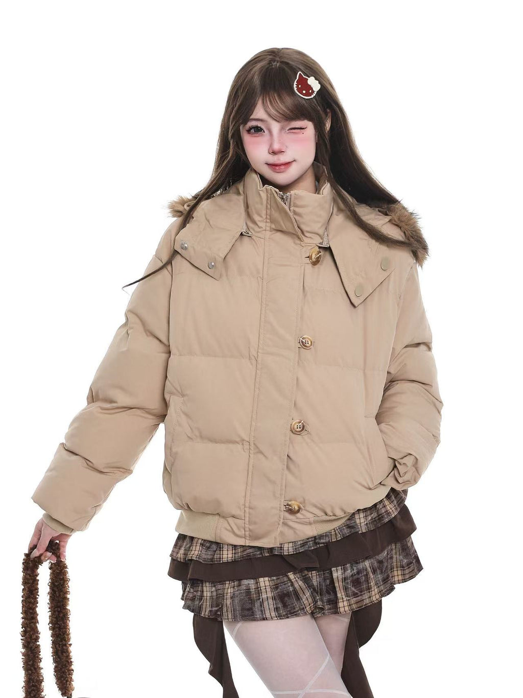 Hooded Puffer Jacket with Fur Collar oliviroa オリヴィオラ