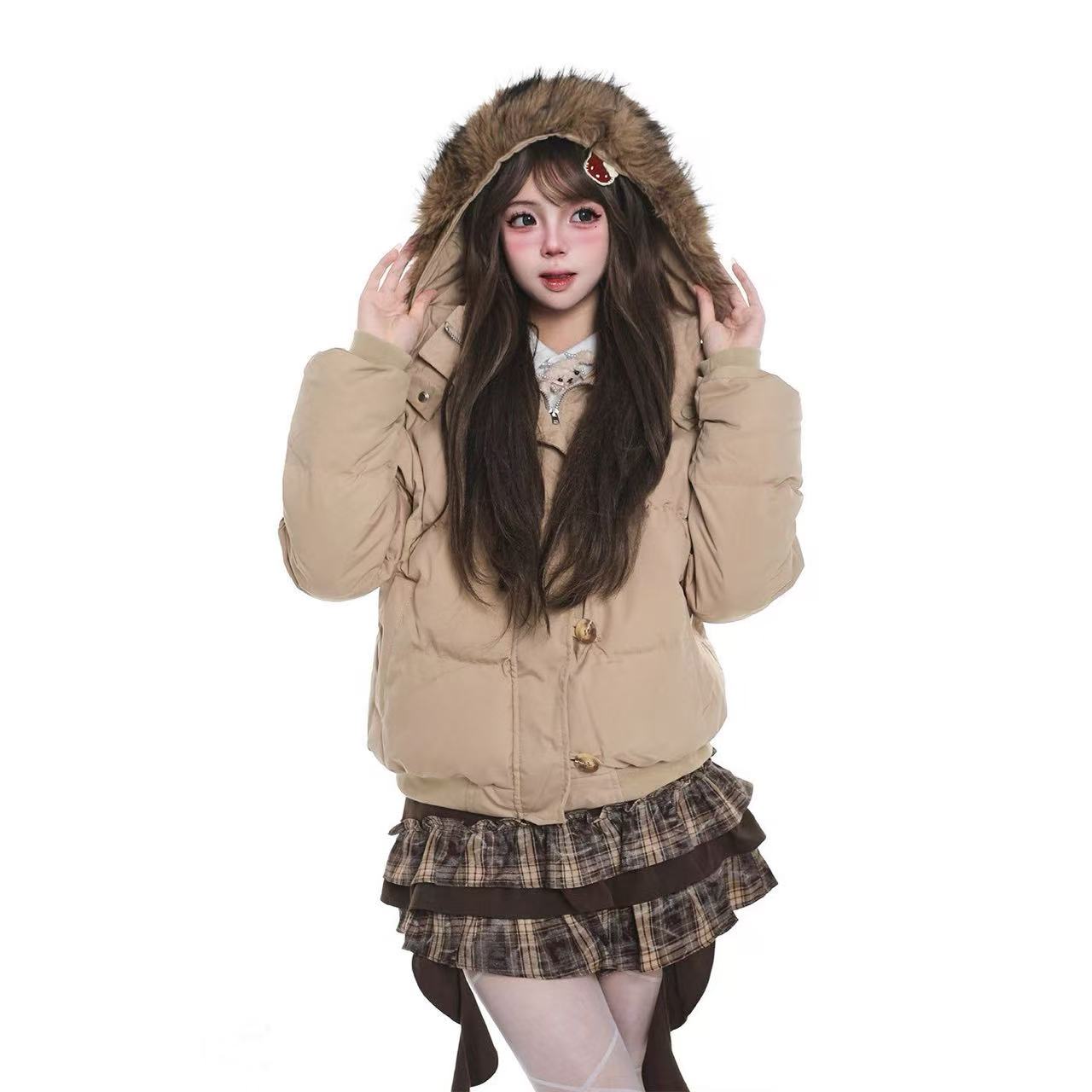 Hooded Puffer Jacket with Fur Collar  OL2069