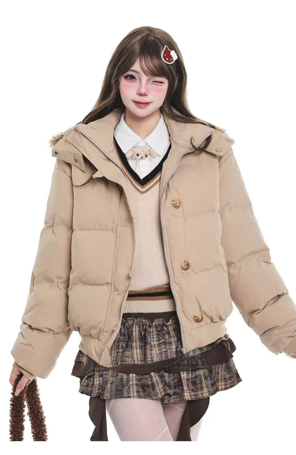 Hooded Puffer Jacket with Fur Collar  OL2069