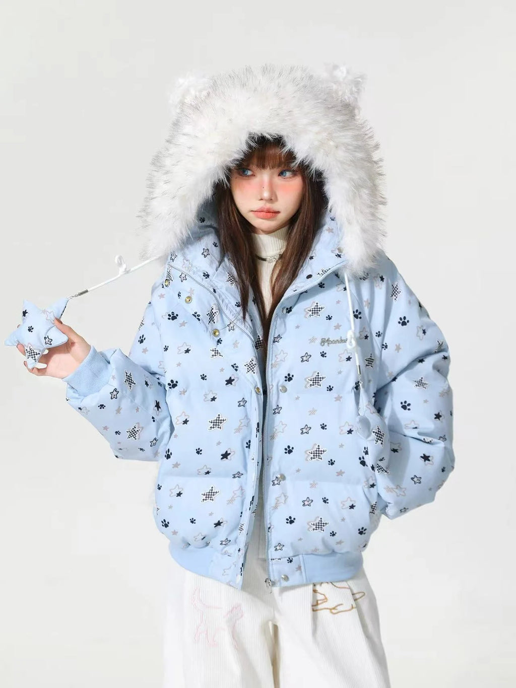 Star Print Faux Fur Hooded Padded Jacket  oliviroa オリヴィオラ