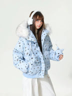 Star Print Faux Fur Hooded Padded Jacket  oliviroa オリヴィオラ