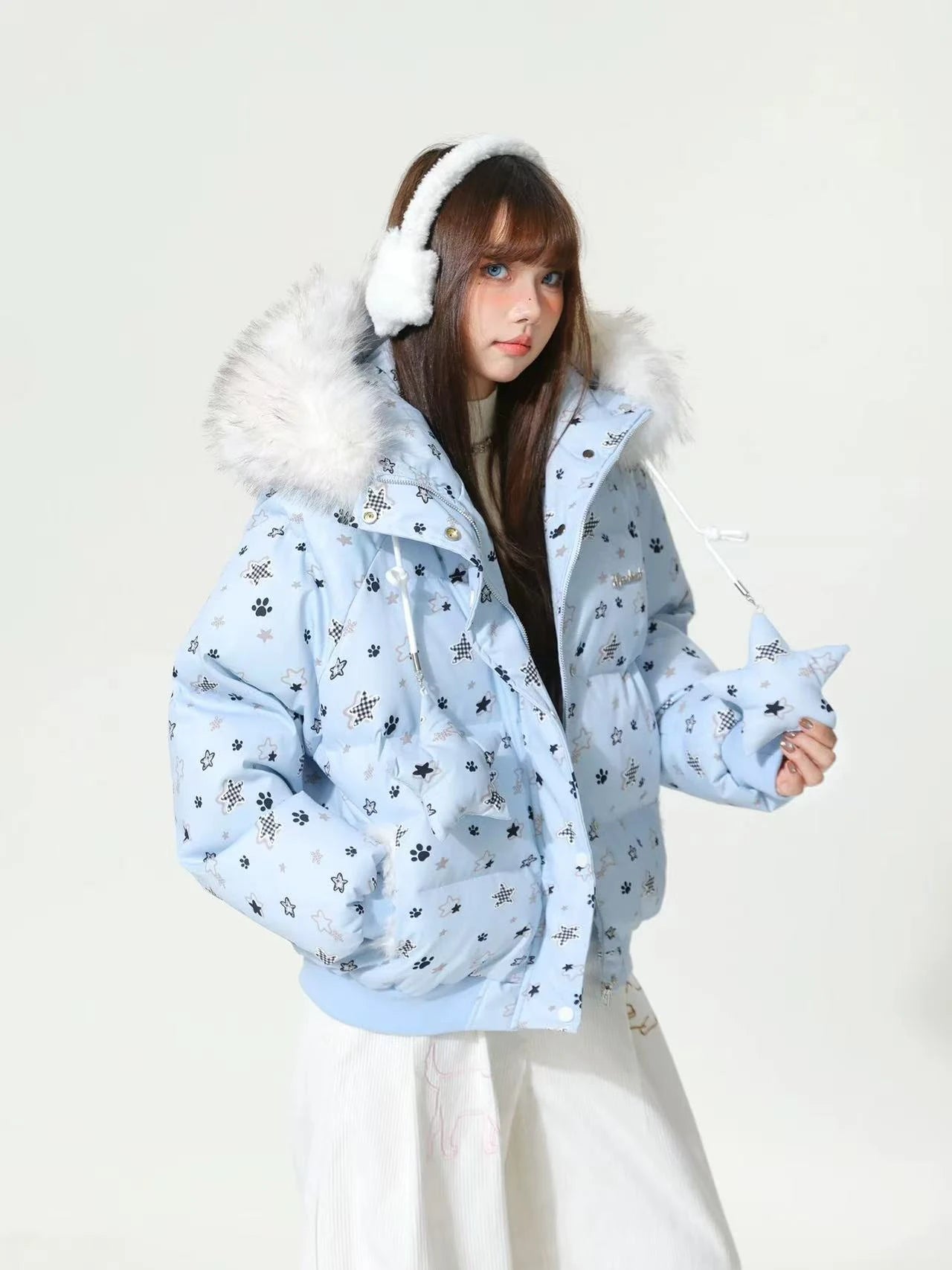 Star Print Faux Fur Hooded Padded Jacket  oliviroa オリヴィオラ