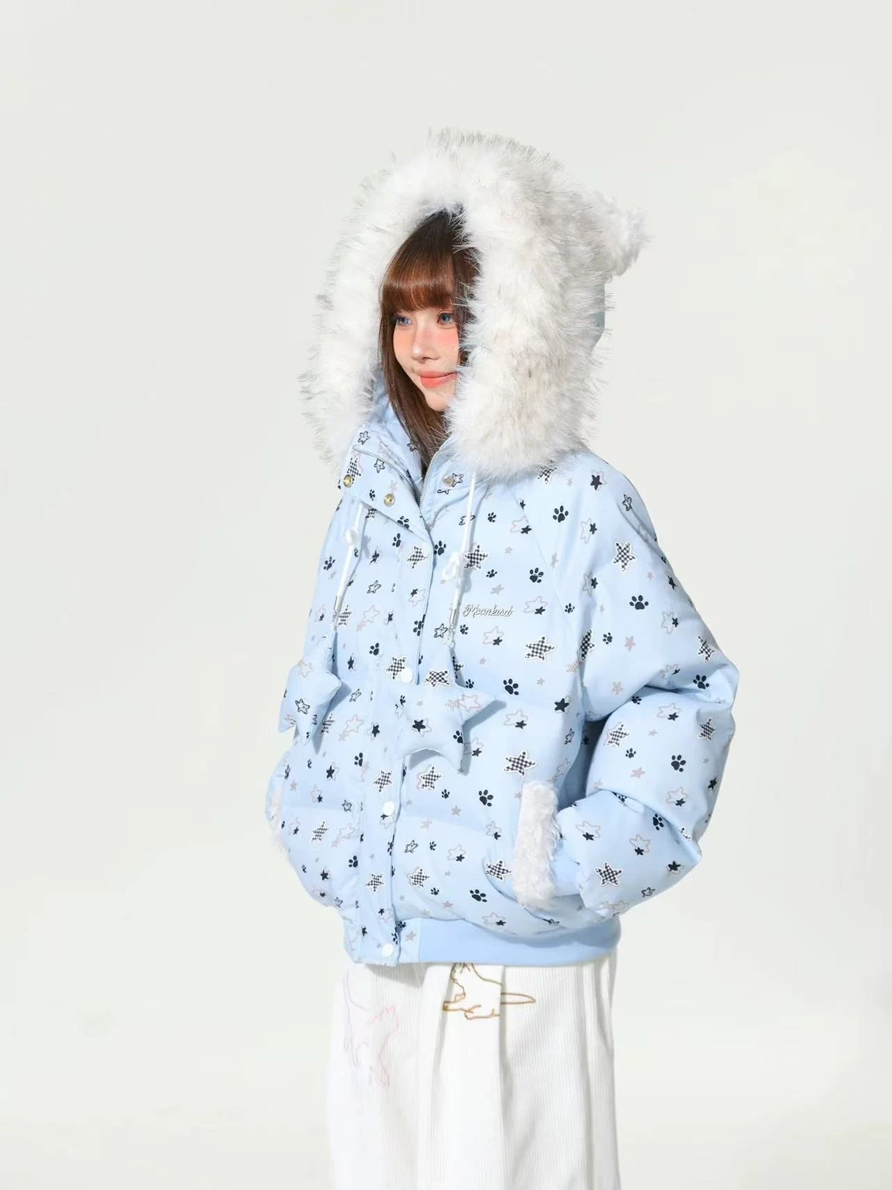 Star Print Faux Fur Hooded Padded Jacket  OL2070