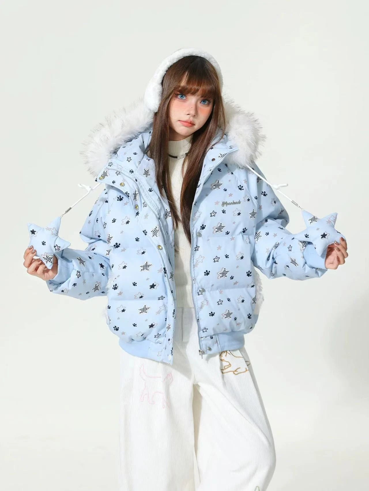 Star Print Faux Fur Hooded Padded Jacket  OL2070