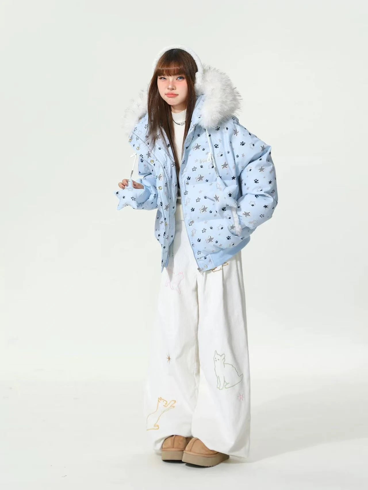Star Print Faux Fur Hooded Padded Jacket  OL2070