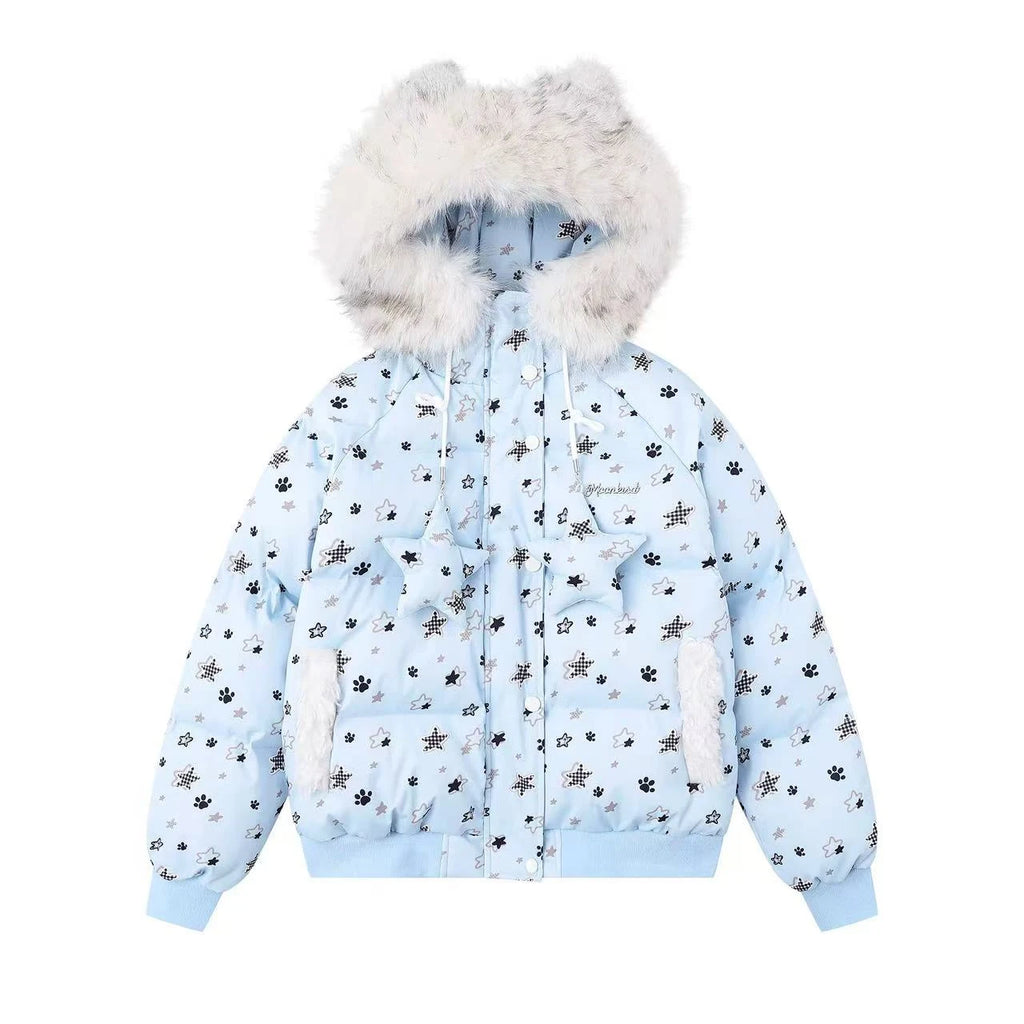 Star Print Faux Fur Hooded Padded Jacket  OL2070