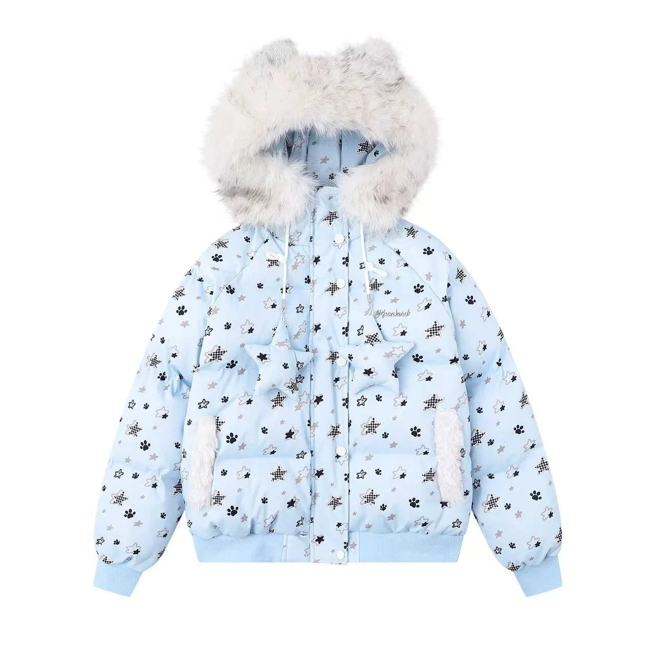 Star Print Faux Fur Hooded Padded Jacket  OL2070