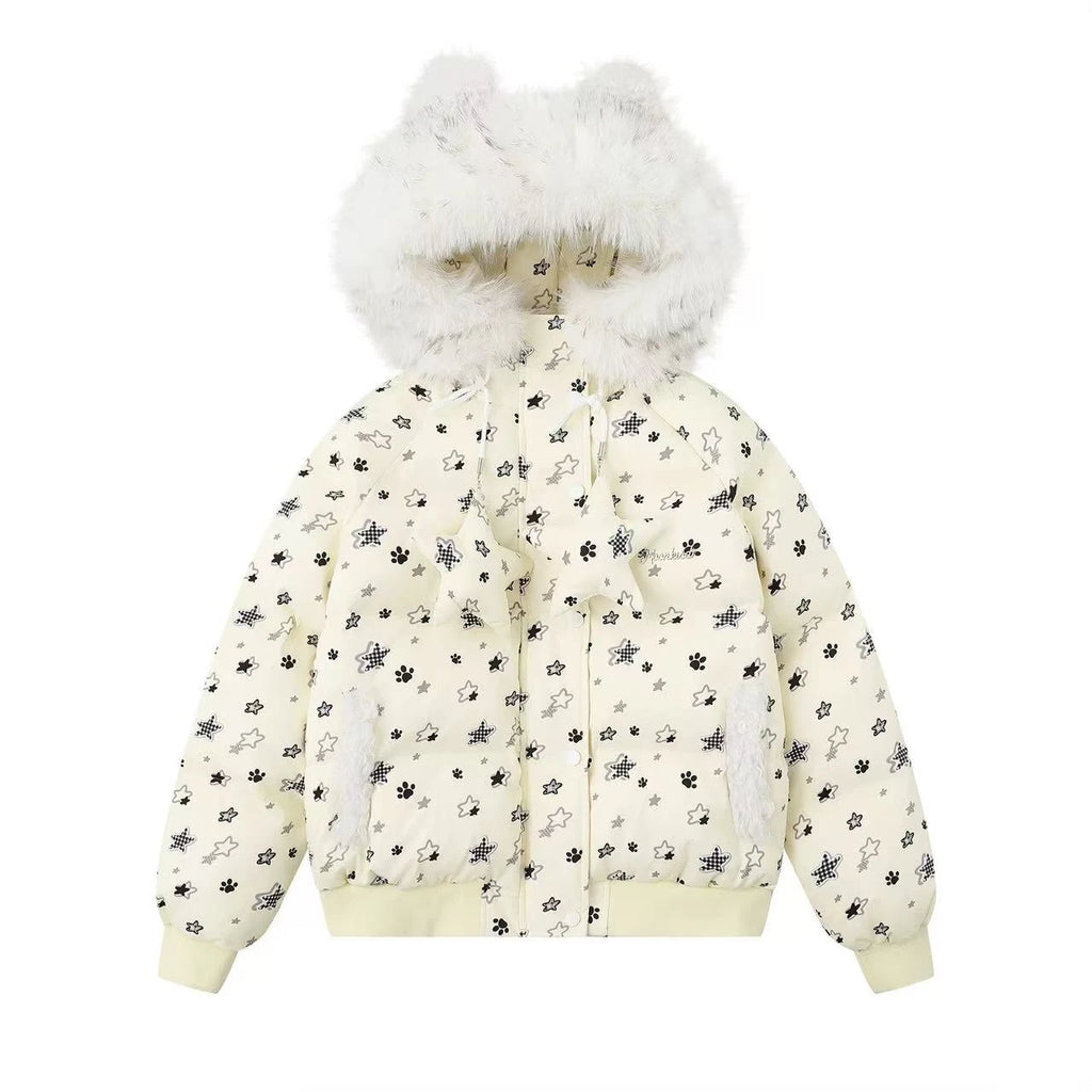 Star Print Faux Fur Hooded Padded Jacket  OL2070