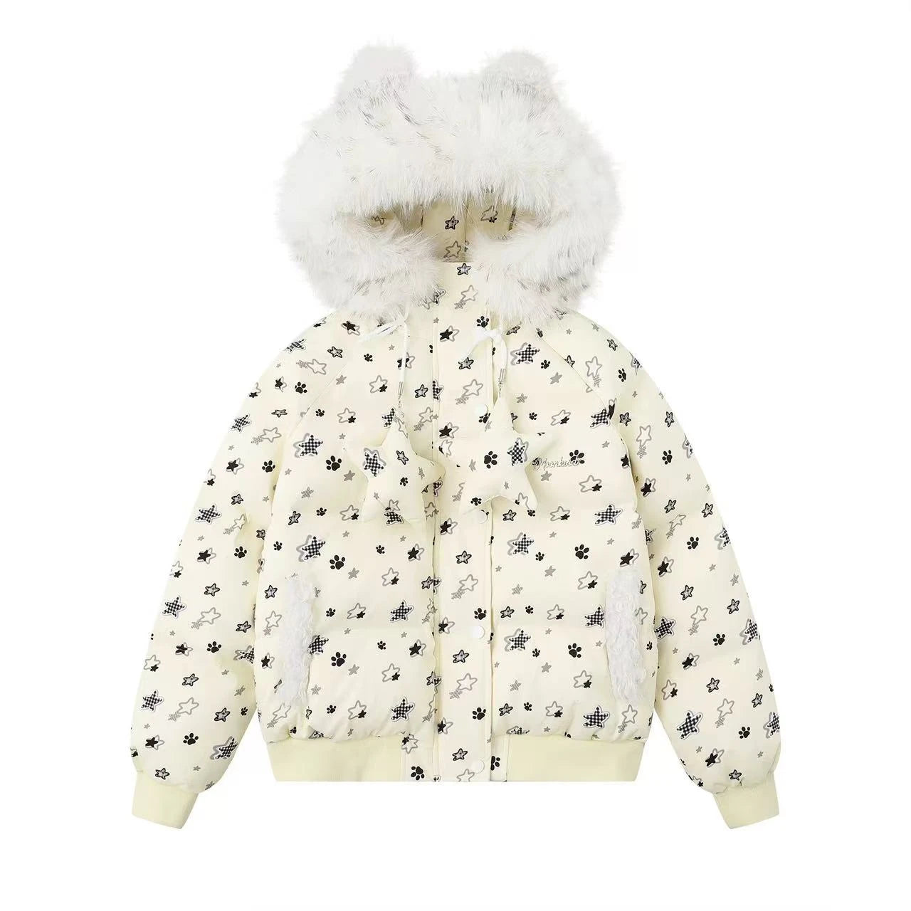 Star Print Faux Fur Hooded Padded Jacket  OL2070