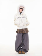 Vintage Star Letter Faux Fur Hooded Zip Hoodie  OL2071