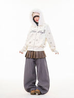 Vintage Star Letter Faux Fur Hooded Zip Hoodie  OL2071