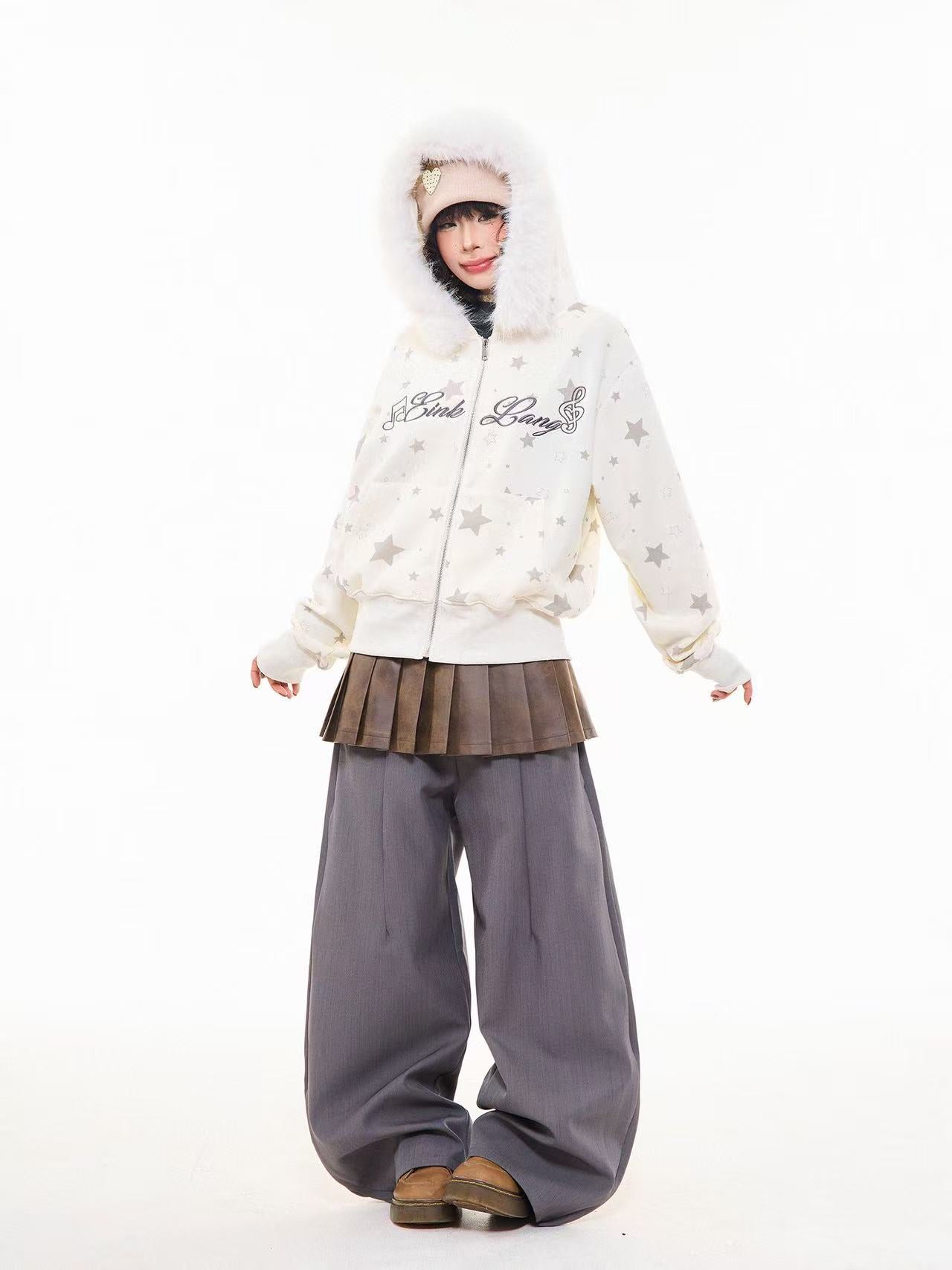 Vintage Star Letter Faux Fur Hooded Zip Hoodie  OL2071