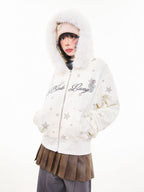 Vintage Star Letter Faux Fur Hooded Zip Hoodie  OL2071