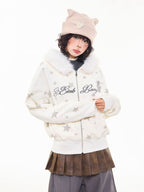 Vintage Star Letter Faux Fur Hooded Zip Hoodie  OL2071