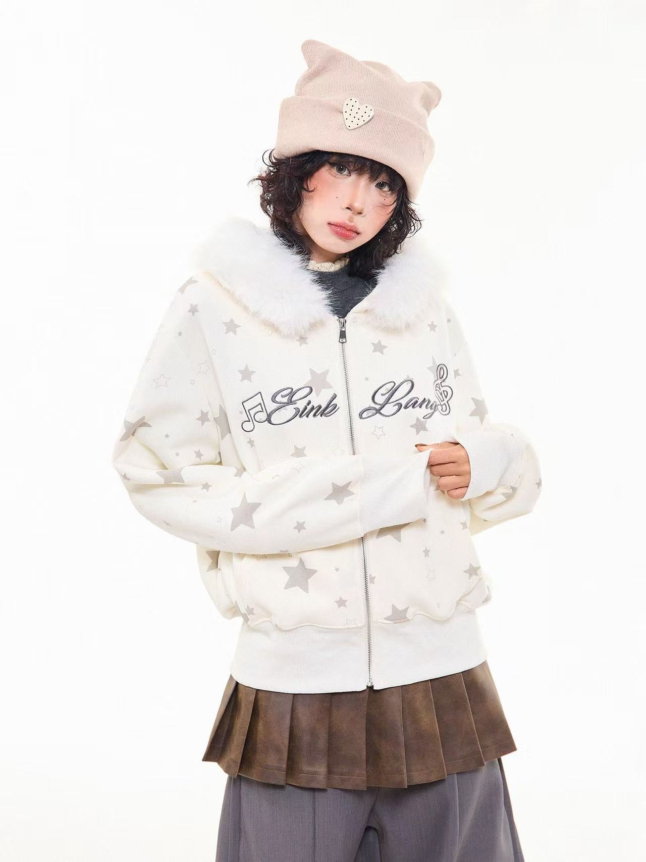 Vintage Star Letter Faux Fur Hooded Zip Hoodie  OL2071