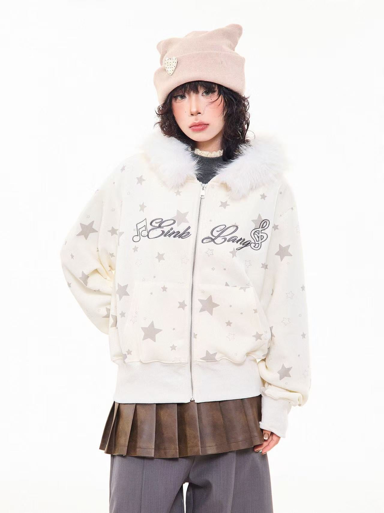 Vintage Star Letter Faux Fur Hooded Zip Hoodie  OL2071