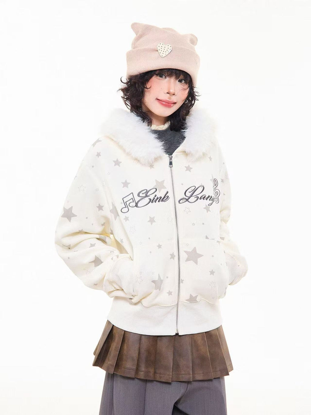 Vintage Star Letter Faux Fur Hooded Zip Hoodie  OL2071