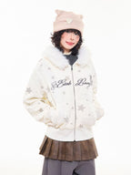 Vintage Star Letter Faux Fur Hooded Zip Hoodie  OL2071