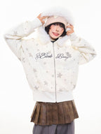 Vintage Star Letter Faux Fur Hooded Zip Hoodie  OL2071