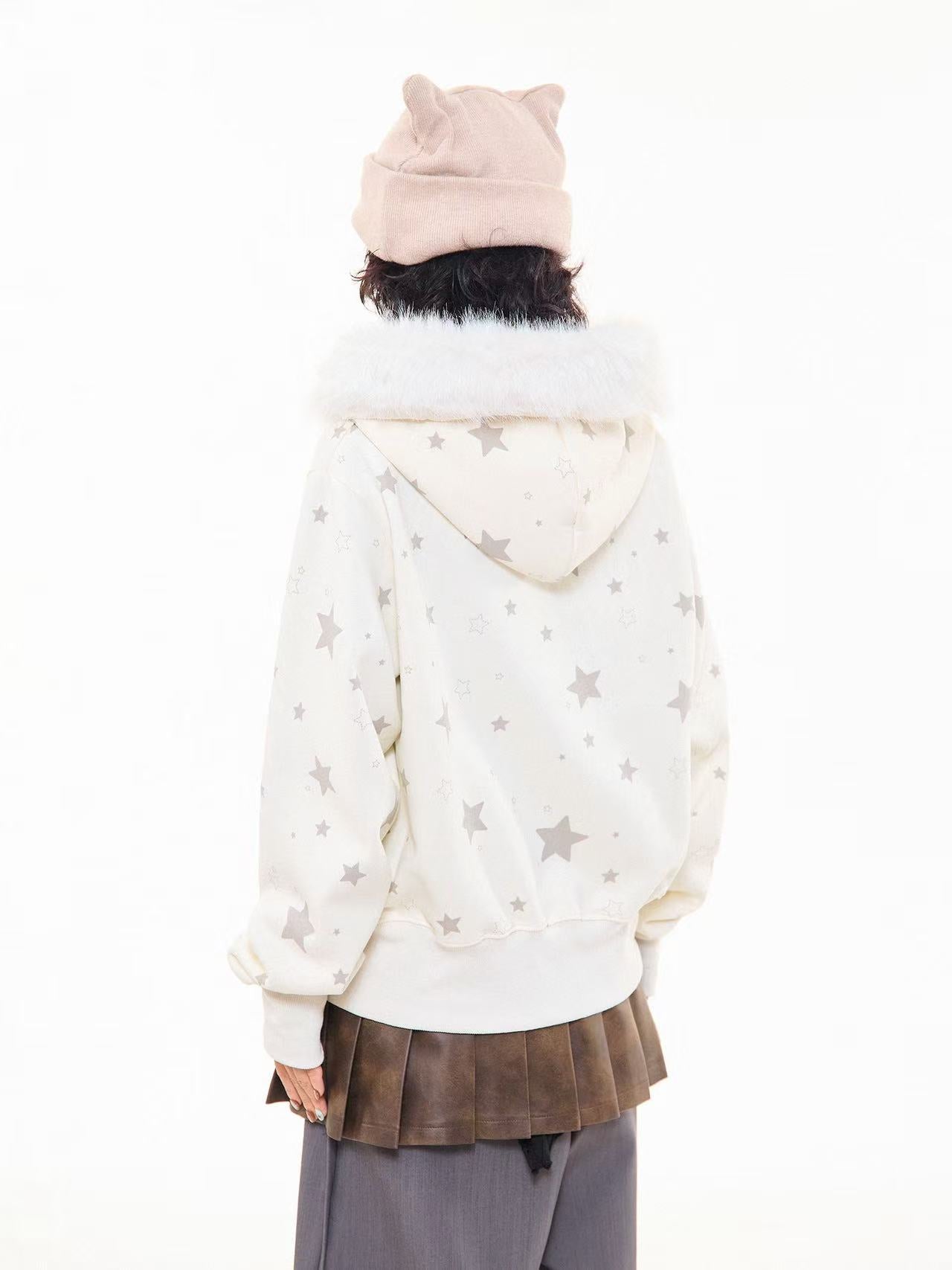 Vintage Star Letter Faux Fur Hooded Zip Hoodie  OL2071