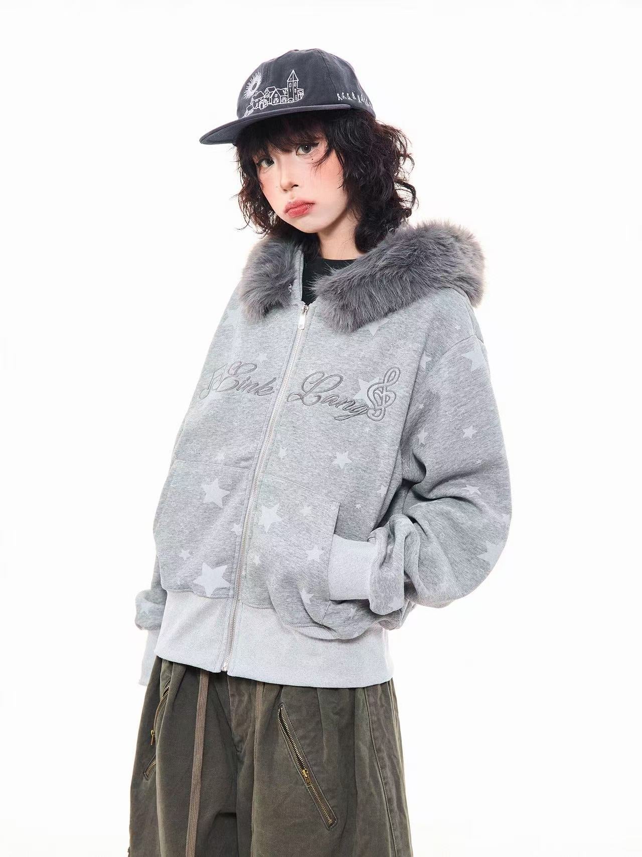 Vintage Star Letter Faux Fur Hooded Zip Hoodie  oliviroa オリヴィオラ