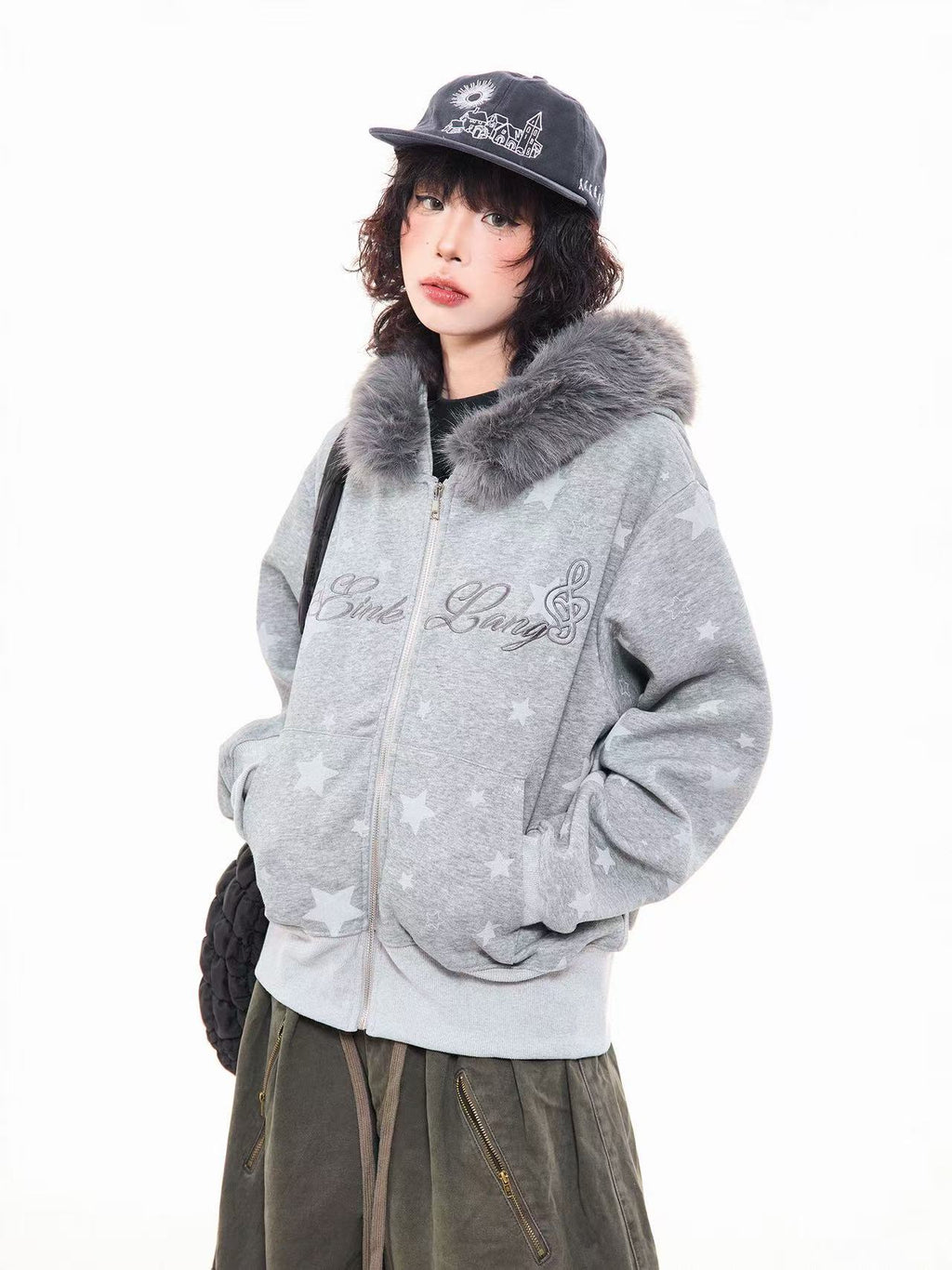 Vintage Star Letter Faux Fur Hooded Zip Hoodie oliviroa オリヴィオラ