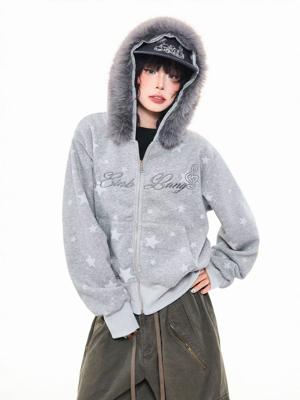 Vintage Star Letter Faux Fur Hooded Zip Hoodie  OL2071